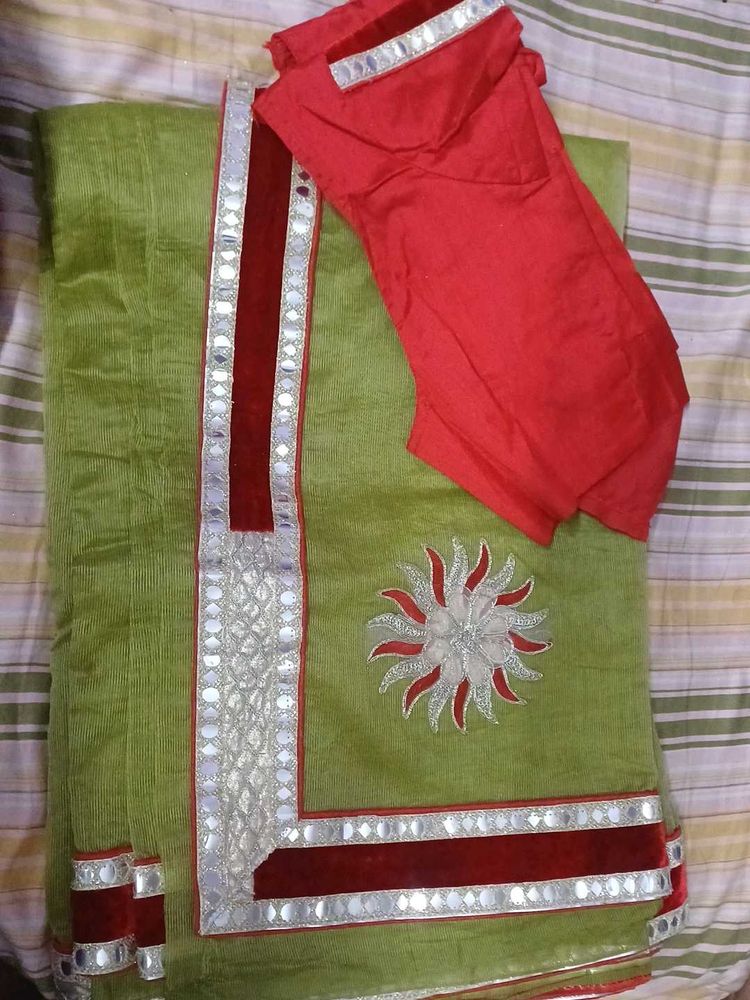Elegant Green Saree with Red Blouse