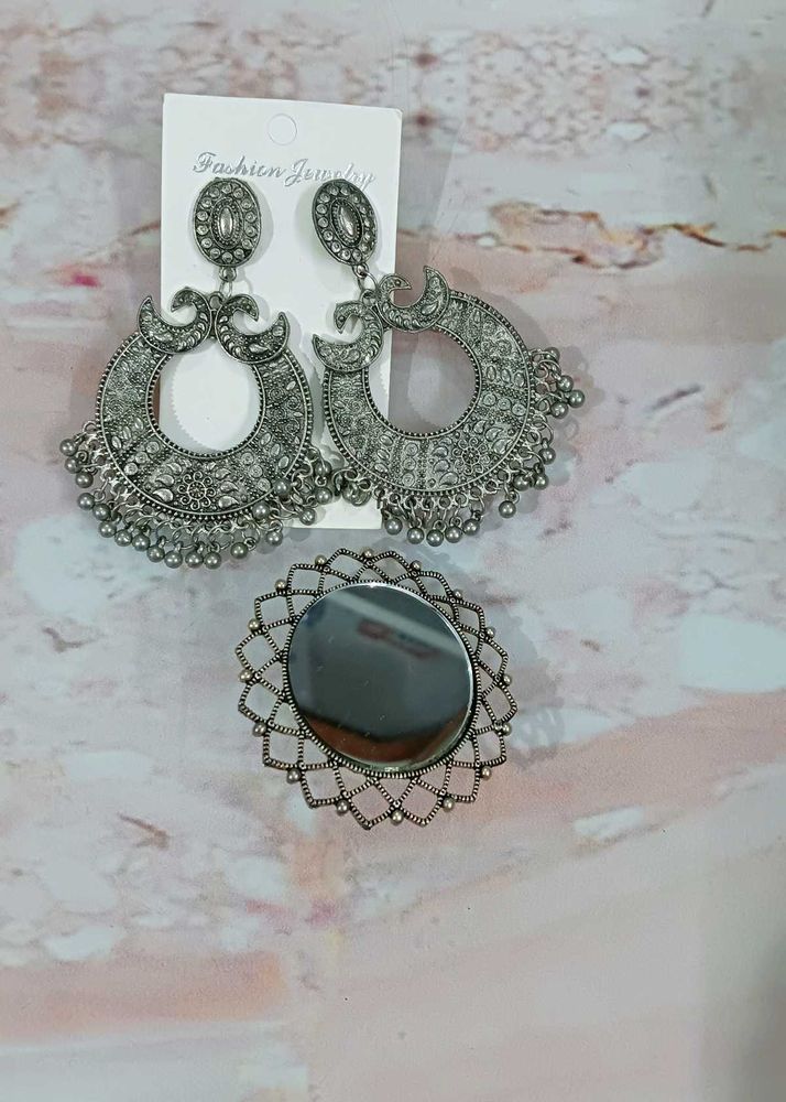 Oxidized Silver Jhumka Earrings &amp; Mirror Ring