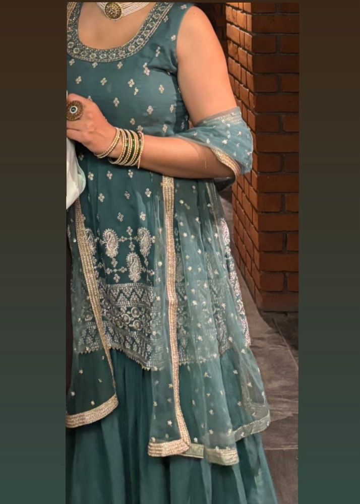 Sea green Embroidered kurta-sharara with dupatta