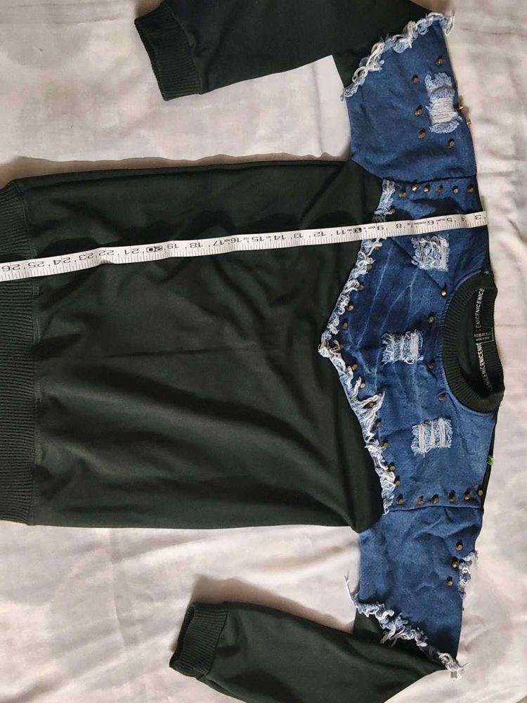 green+Denim patchwork,studded , ripped design long