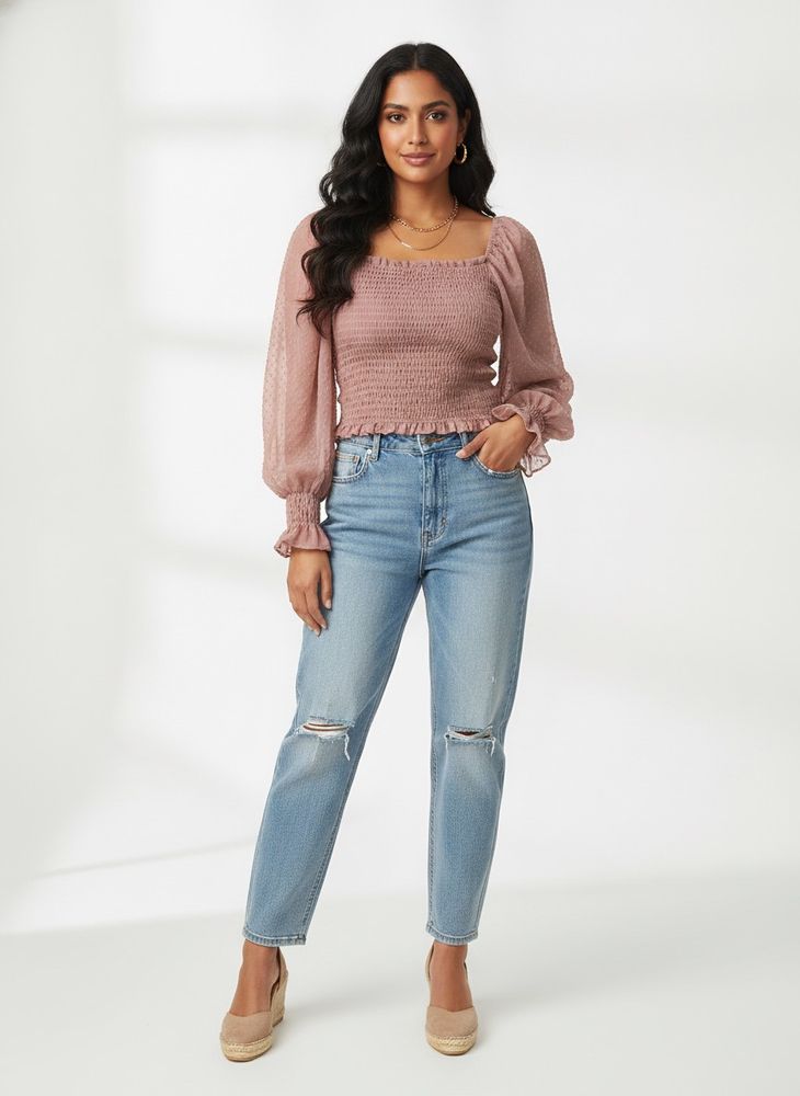 Sheer Dobby Puff Sleeve Top