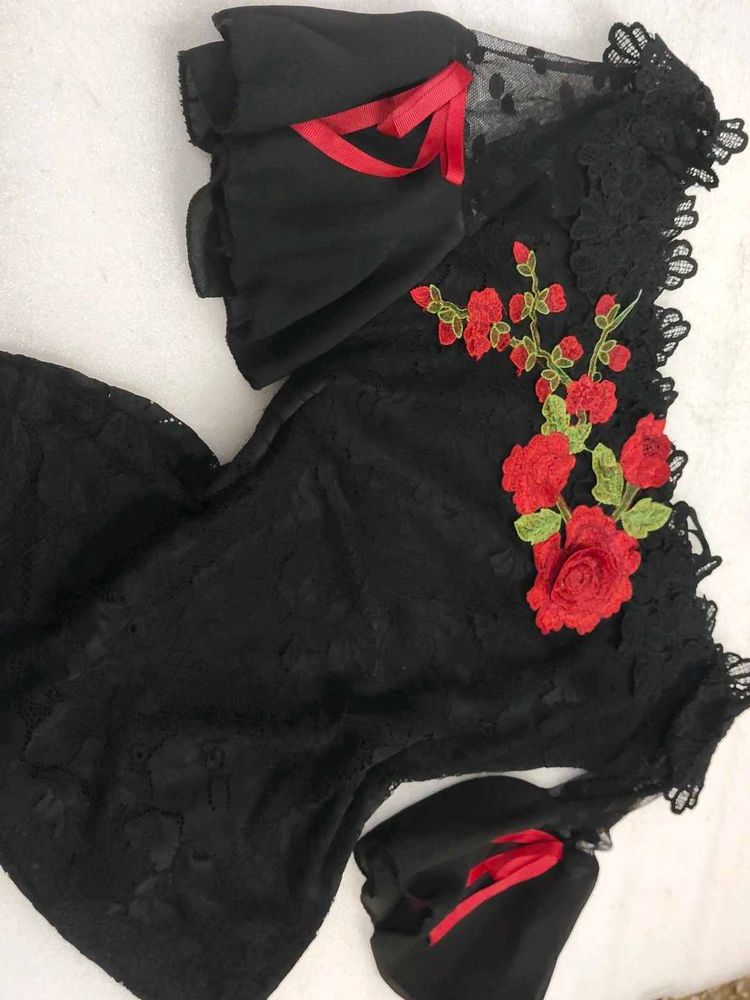 Black Lace croptop with Red Rose Applique