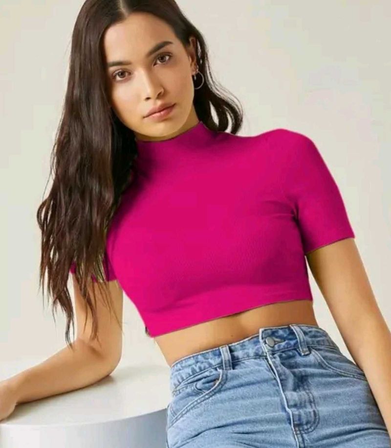 Vibrant Pink Mock Neck Crop Top