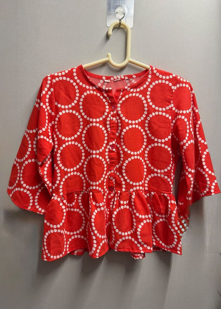 Vibrant Red Peplum Top with Circles