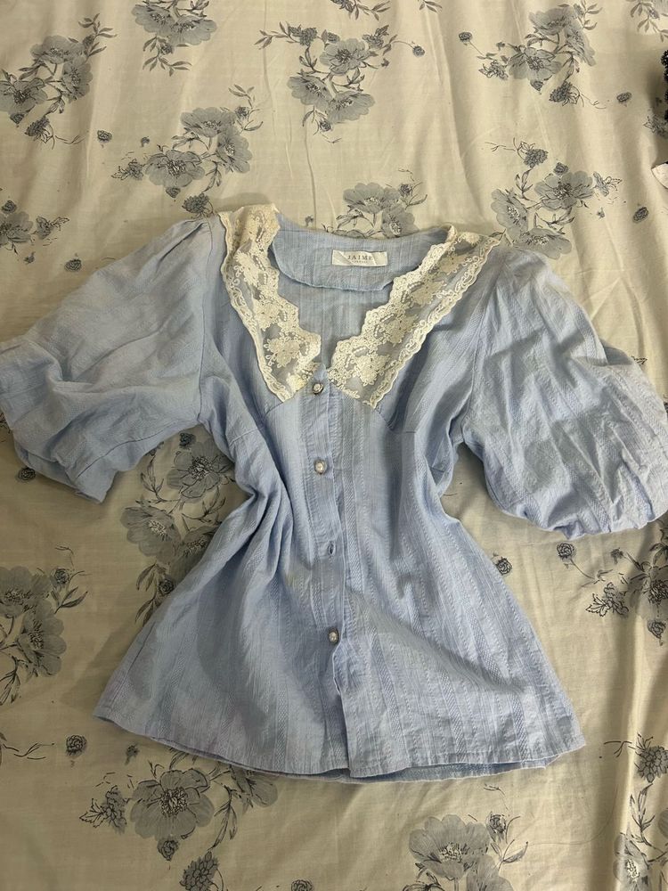 Light Blue Puff Sleeve Top with Lace Collar