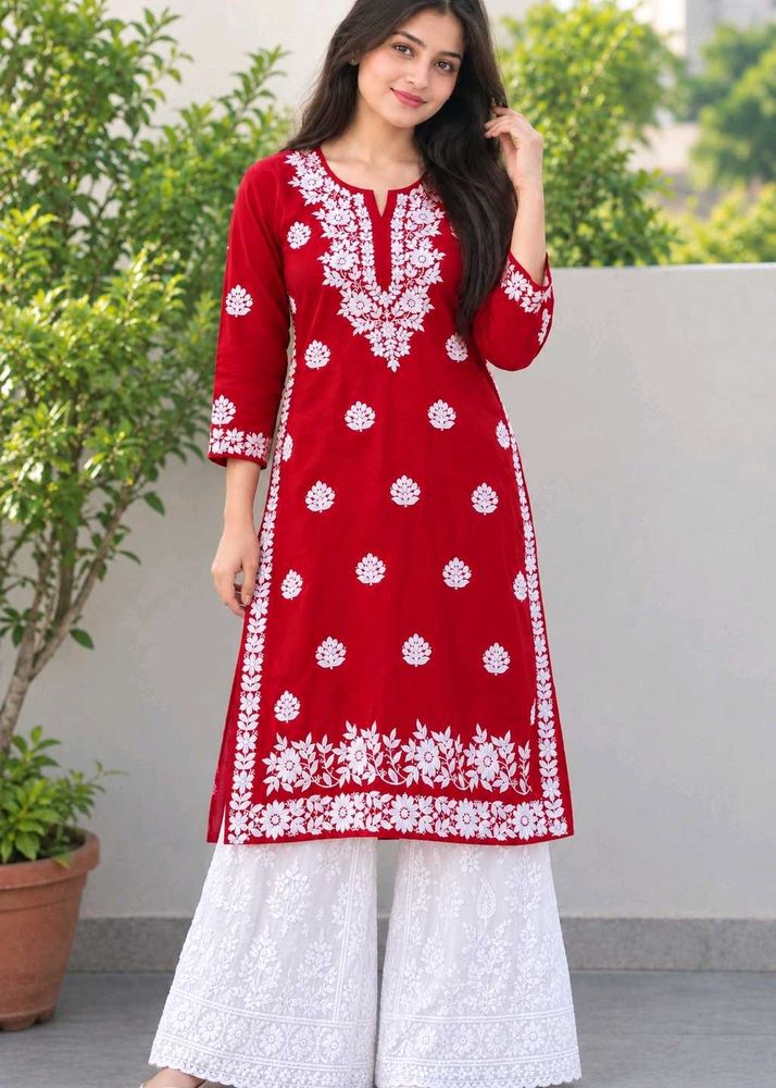 Red Kurta with White Embroidery