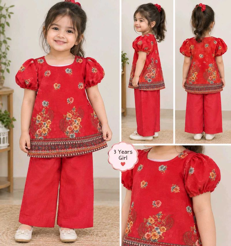 Kids Red Ethnic Floral Kurti Set