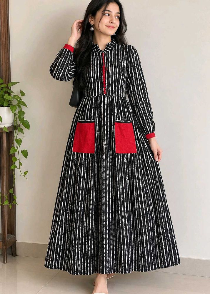 Chic Striped Maxi Kurta with Red Pockets