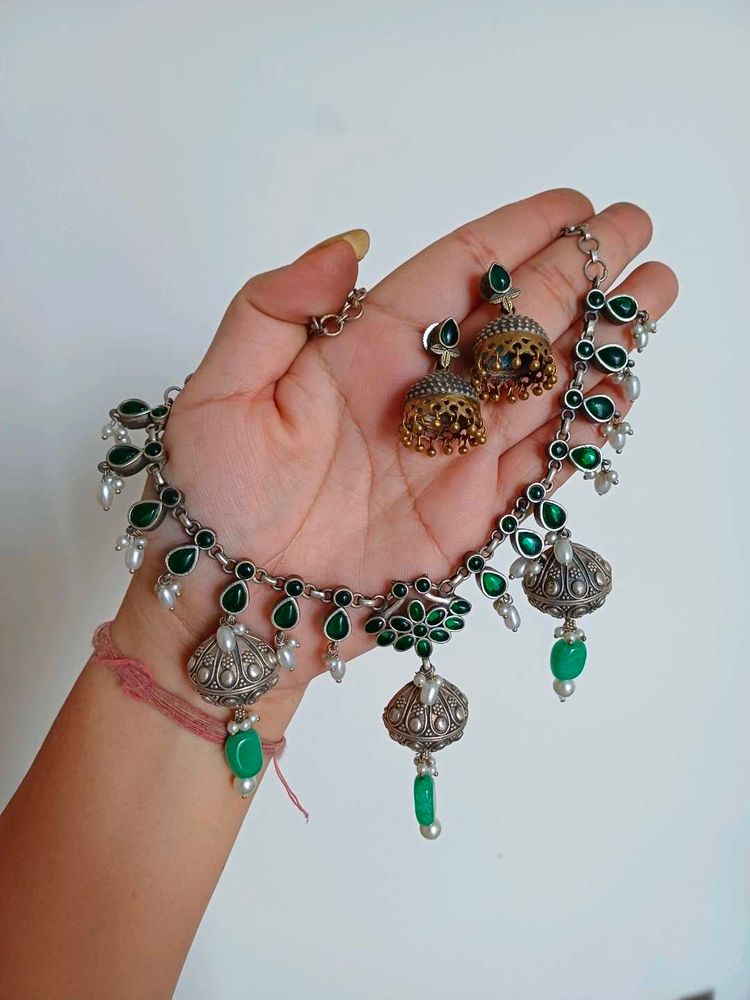 Brass Green Stone Necklace &amp; Earring Set