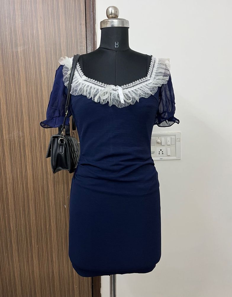 Navy Blue Lace Trim Dress