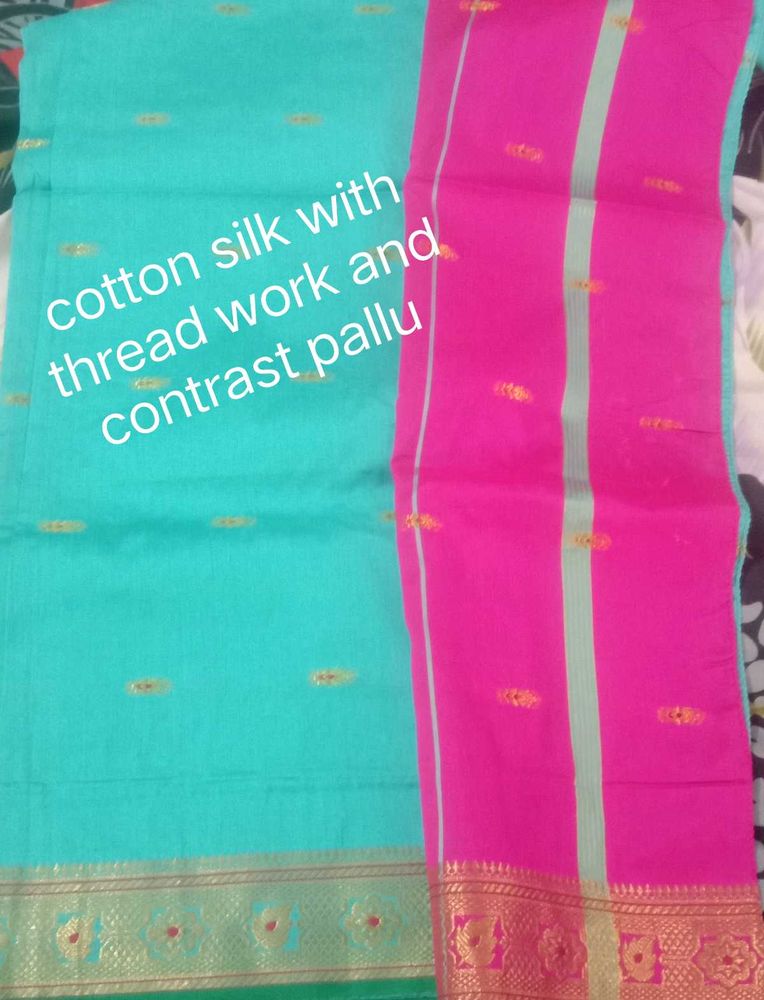Turquoise Cotton Silk Saree with Pink Pallu