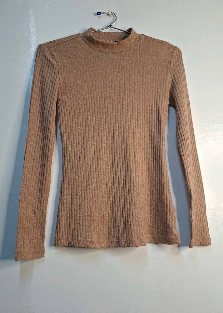 Classic Beige Mock-Neck Ribbed Long-Sleeve Top