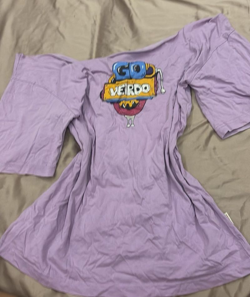off shoulder graphic lilac tshirt