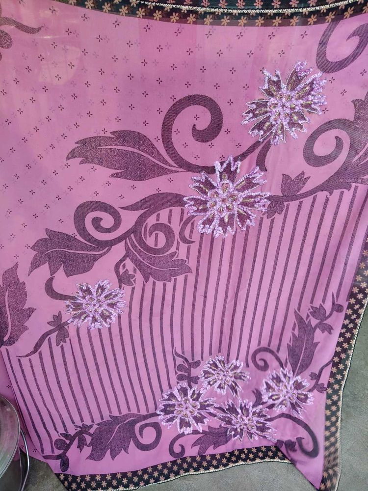 Beautiful Pink Saree with Floral Embroidery