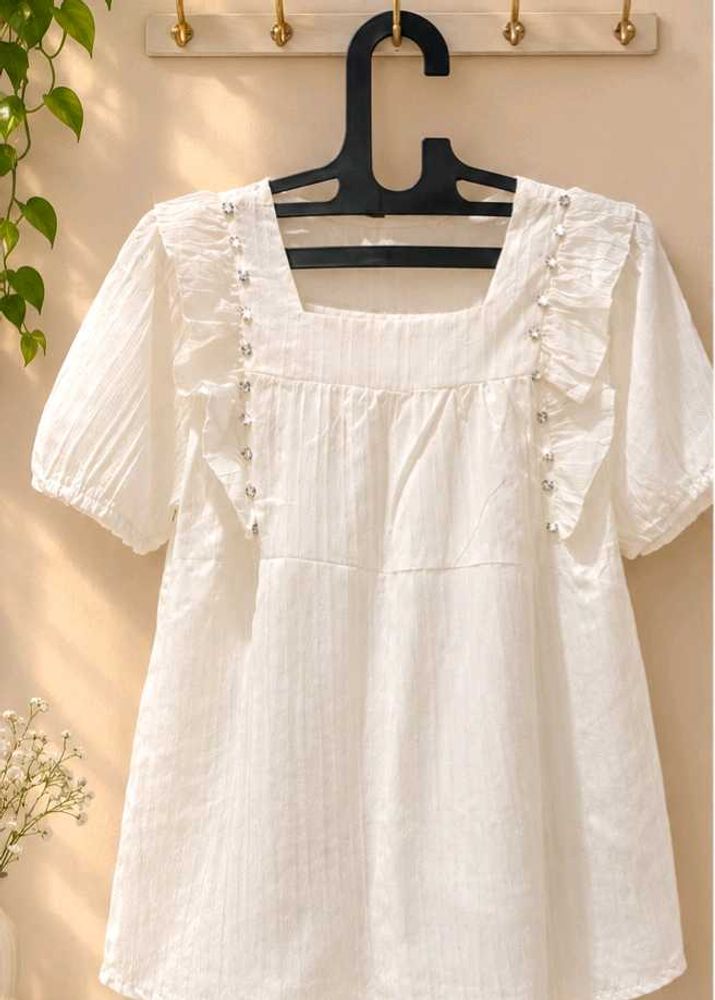Chic White Square Neck Ruffle Top
