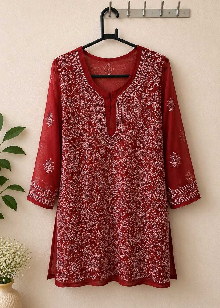 Red Chikankari Short Kurta