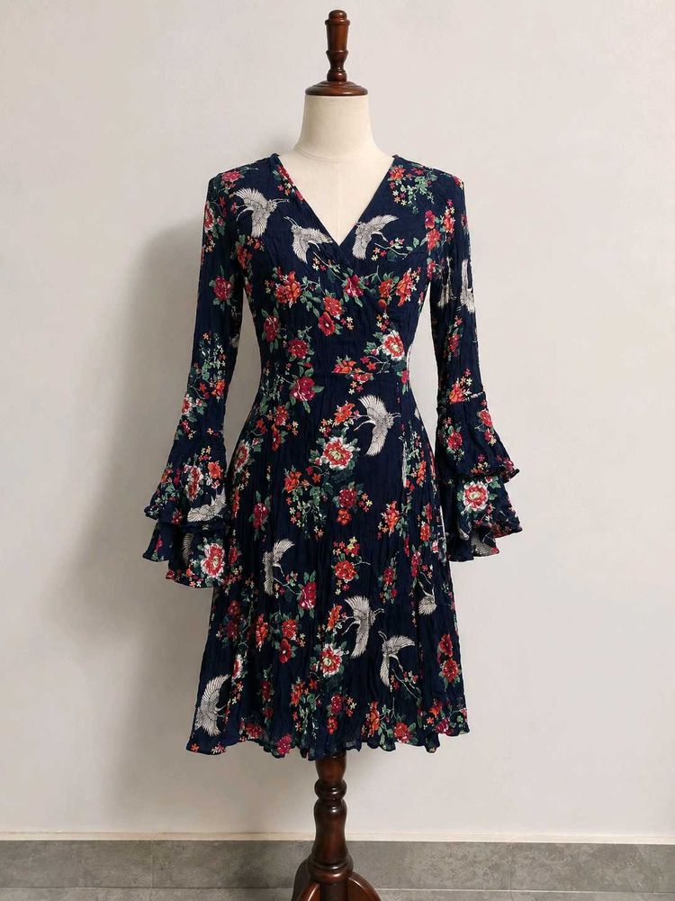 Navy Floral Print Flared Sleeve Dress