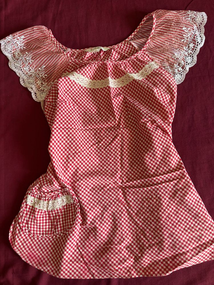 Cute Red Gingham Lace Top