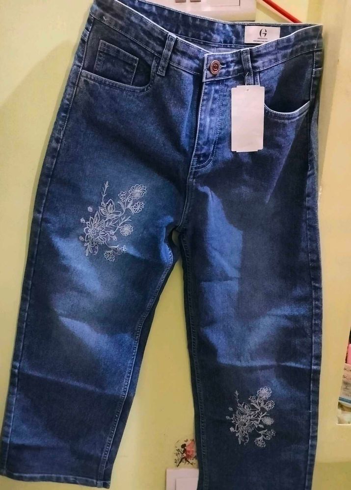 Embroidered Blue Denim Jeans