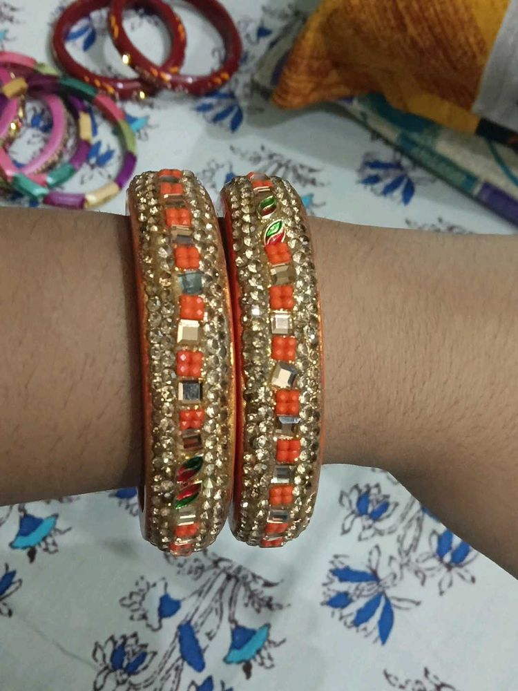 Exquisite Orange &amp; Gold Embellished Bangles
