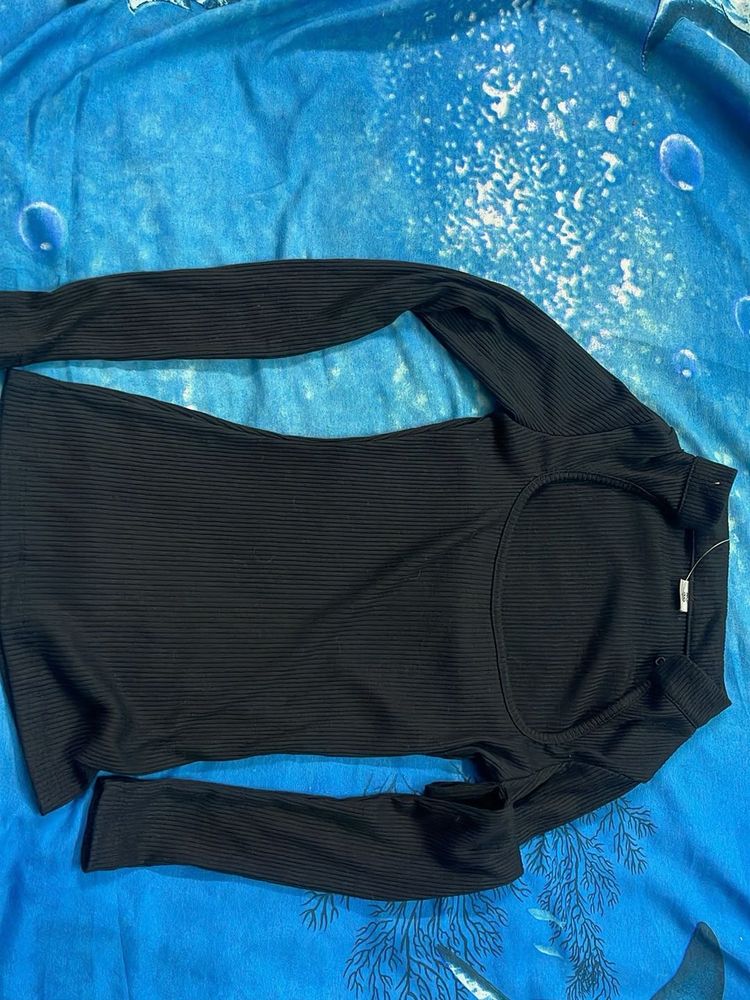 Ribbed Black Long Sleeve Cutout Top