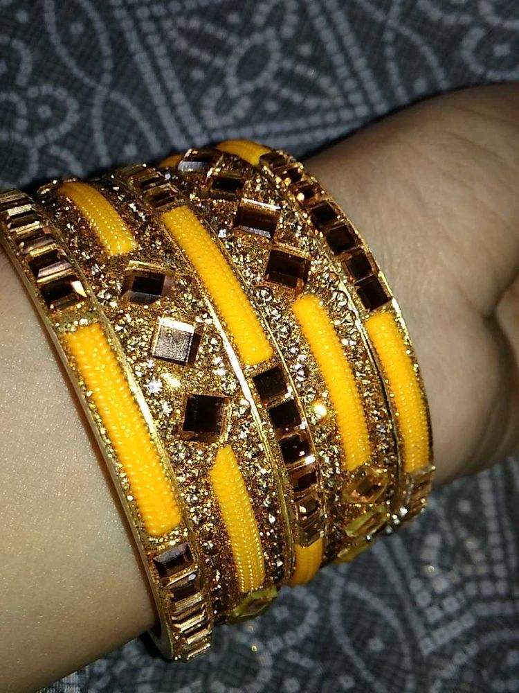 Exquisite Yellow &amp; Gold Embellished Bangles