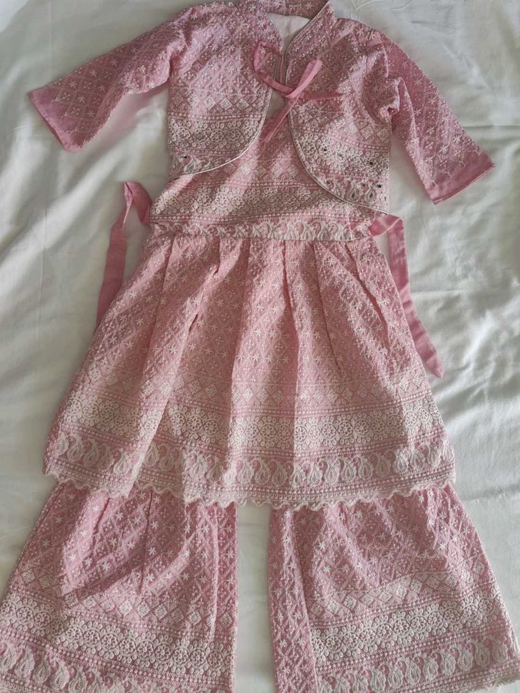 Pink Chikankari 3 pcs Kurta Set with Palazzo