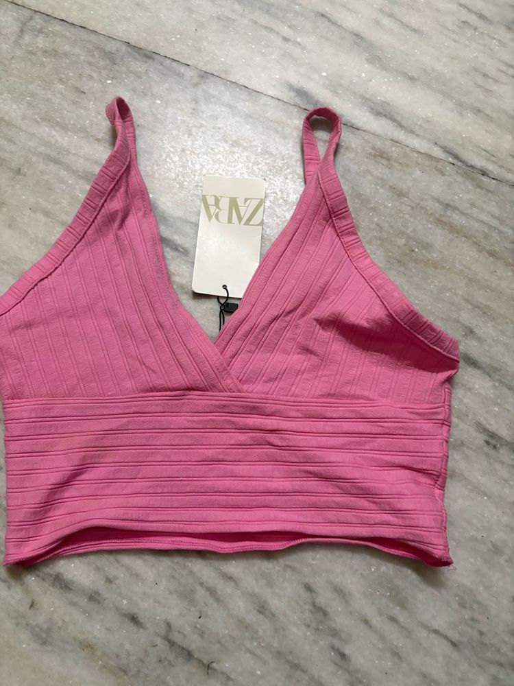 Zara Pink Ribbed V-Neck Crop Top