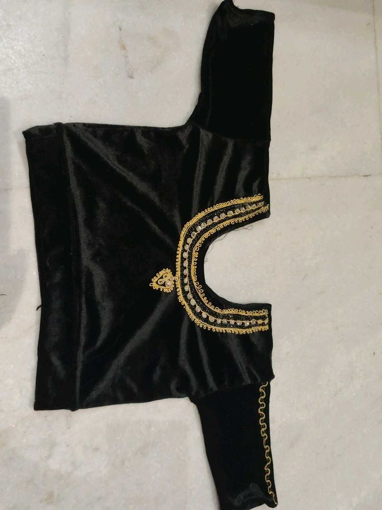 Elegant Black Velvet Blouse with Gold Embroidery