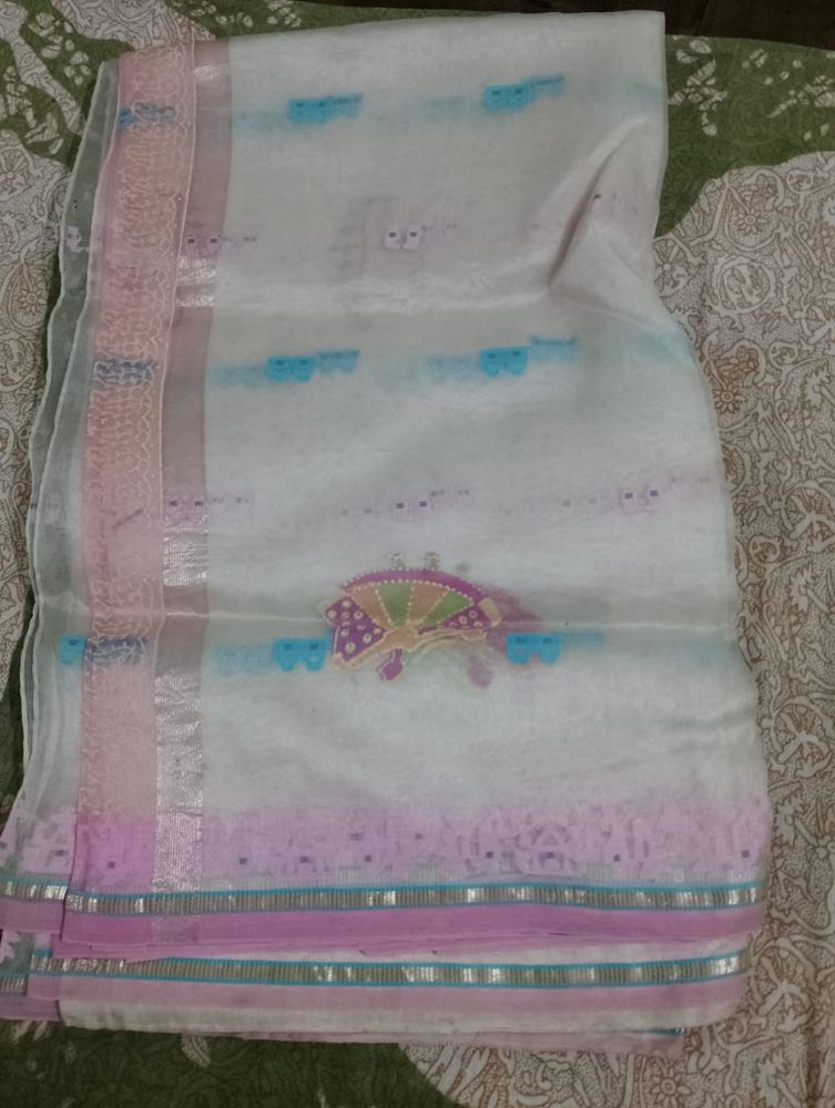 White Saree with Pink Border