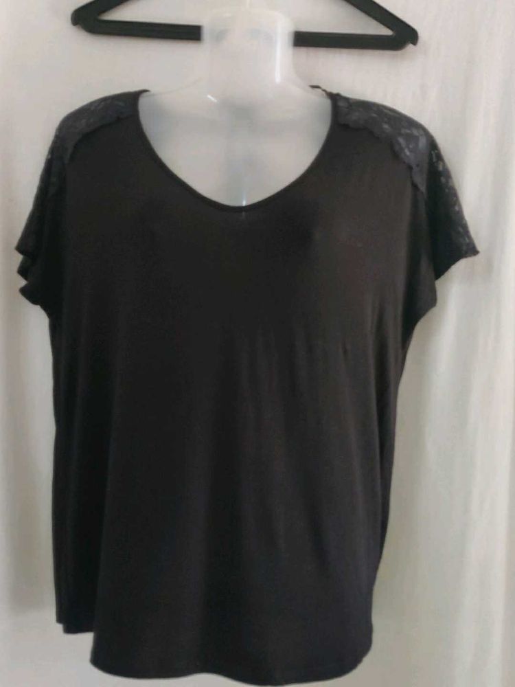 Black Lace Detail V-Neck Top