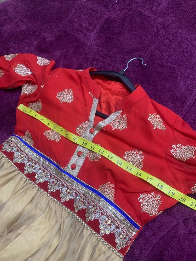 Red &amp; Gold Embroidered Anarkali Dress