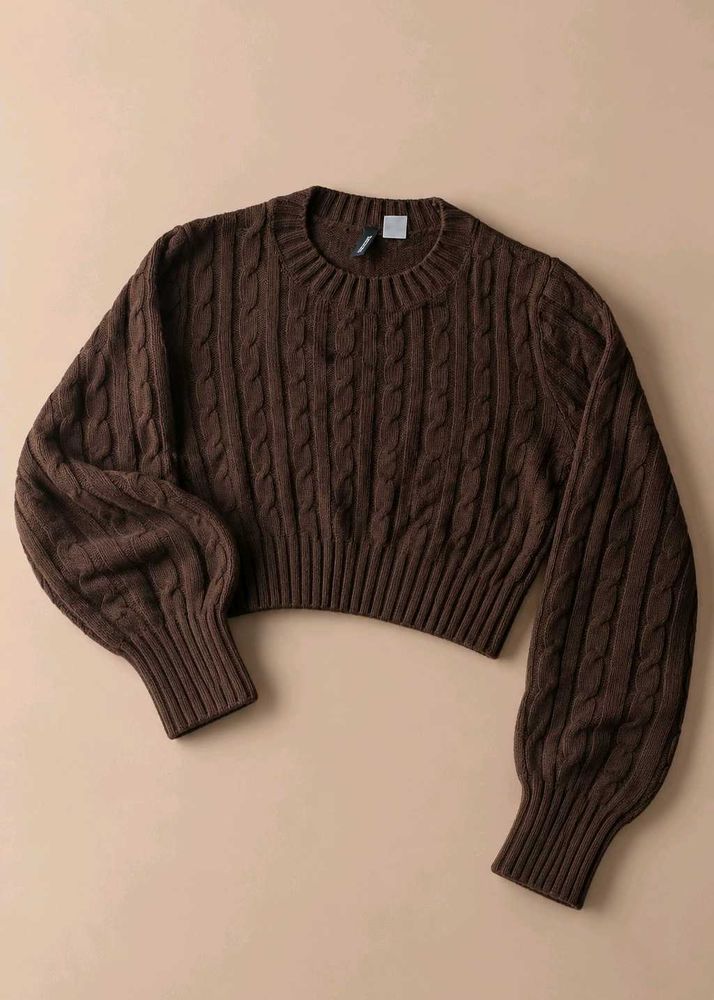 CHOCOLATE BROWN CABLE KNIT CROPPED SWEATER