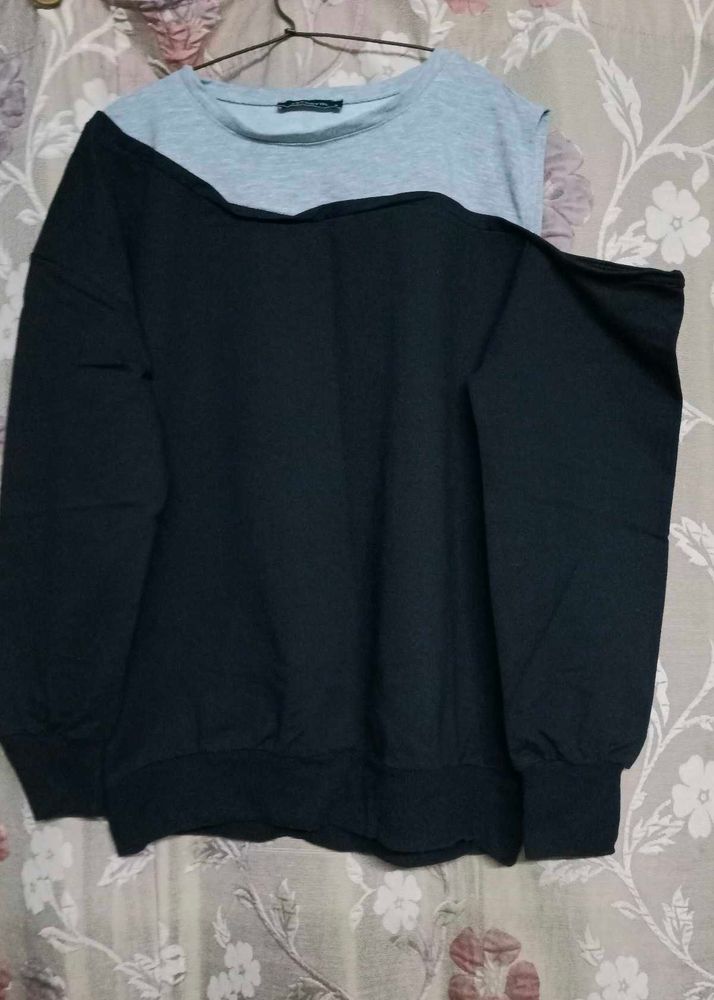 Black-grey Sweat Shirt With Shoulder Cut