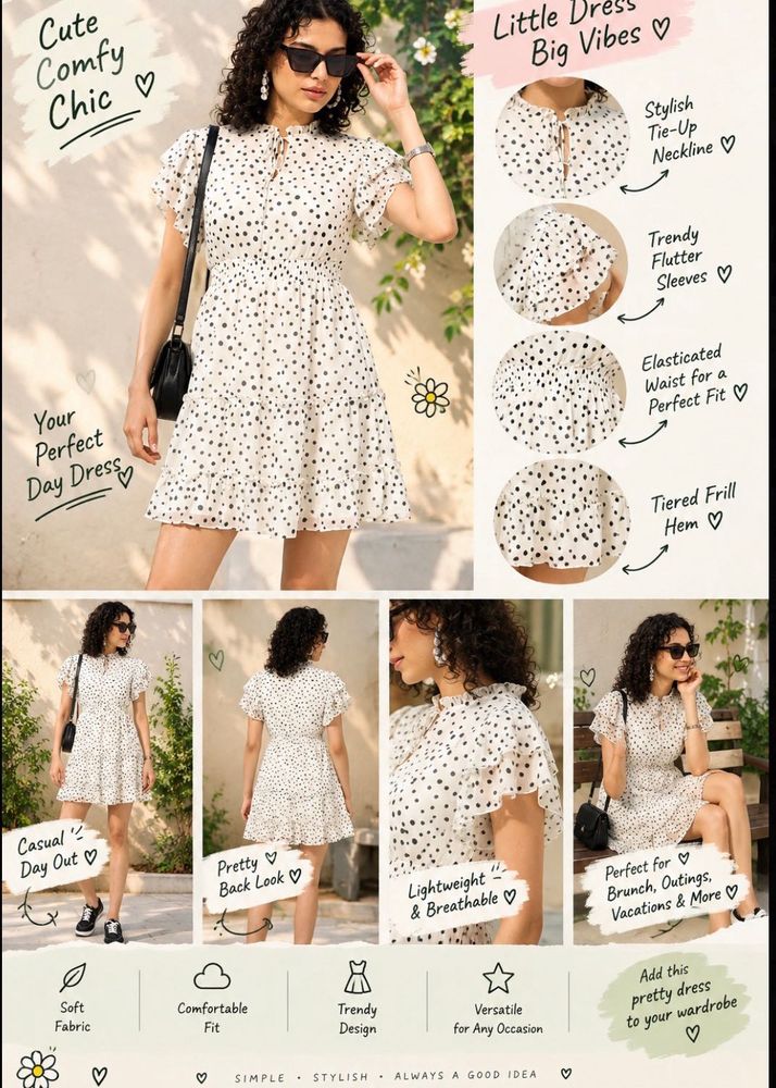 White Polka Dot Mini Dress | Frill Sleeves