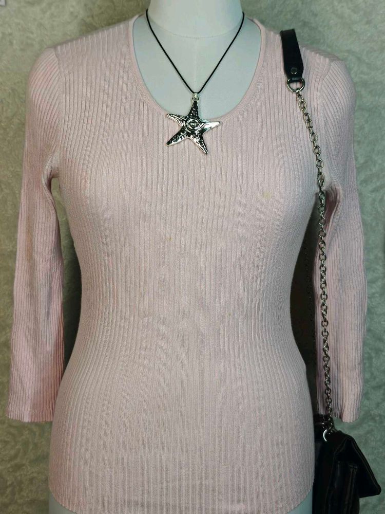 Pink Ribbed 3/4 Sleeve Top