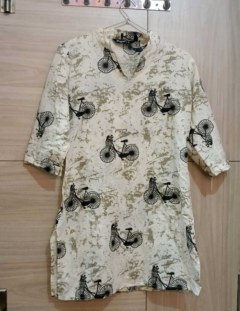 Cream Bicycle Print Kurta
