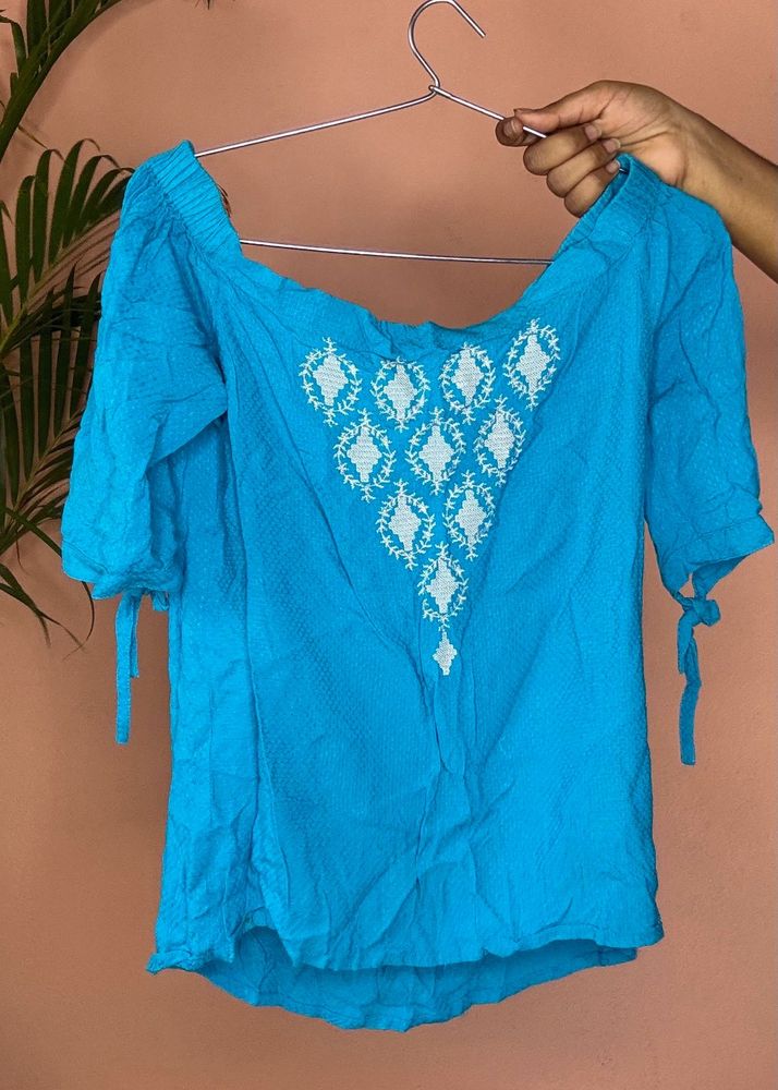Vibrant Blue Embroidered Off-Shoulder Kurta