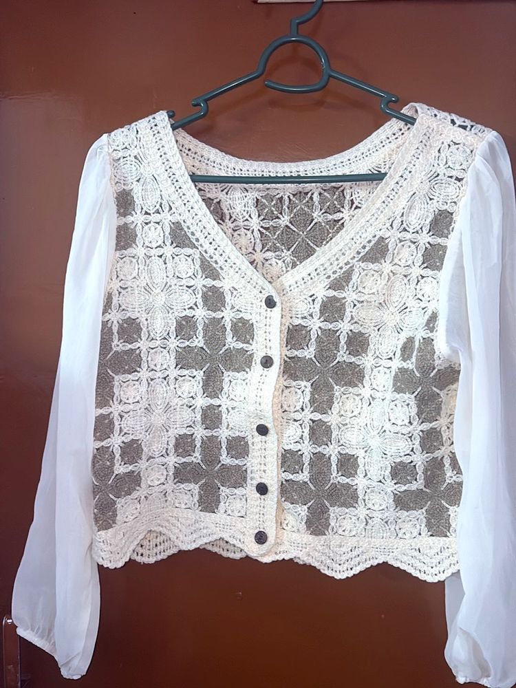 Crochet Sheer Sleeve Crop Top