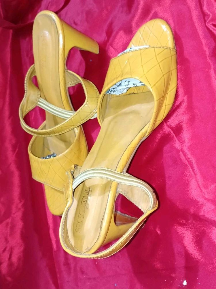 Yellow Embossed Heeled Sandals