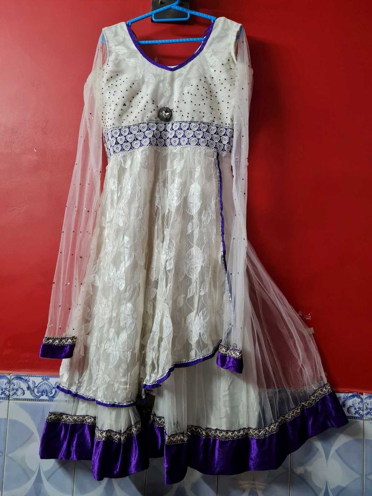Elegant White &amp; Purple Anarkali Suit Gown