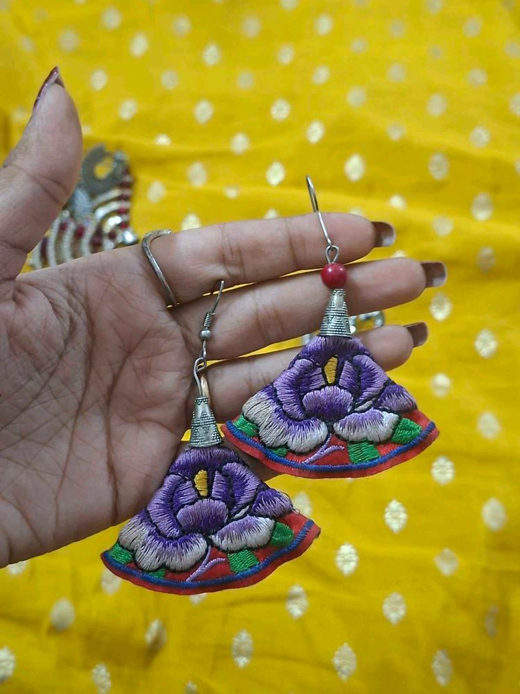 Embroidered Floral Fan Earrings