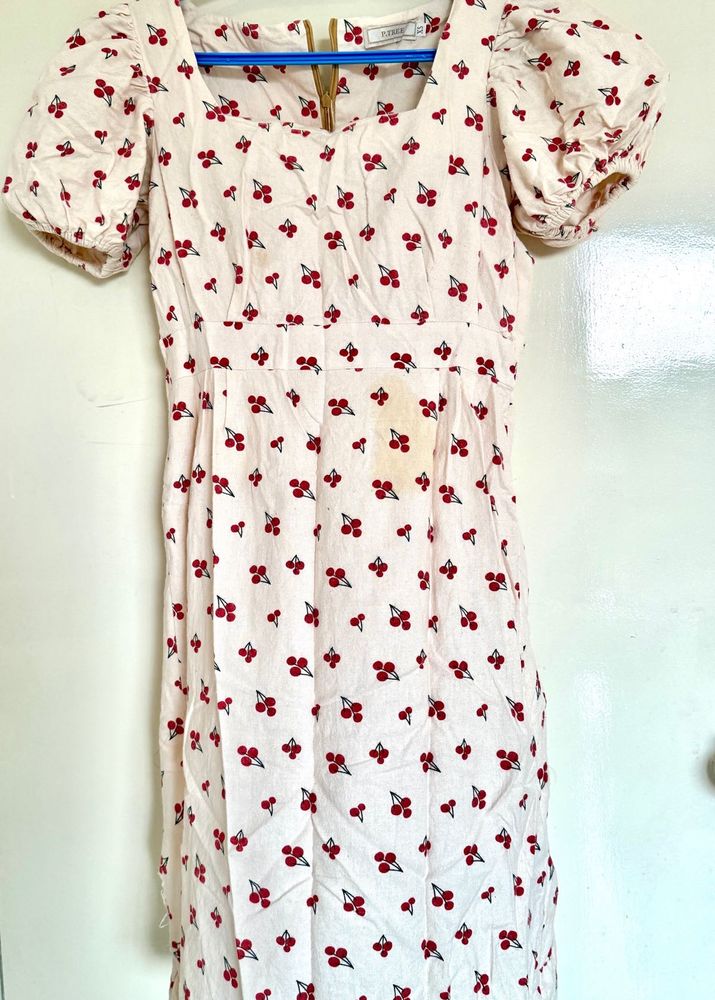 Cute Cherry Print Puff Sleeve Dress