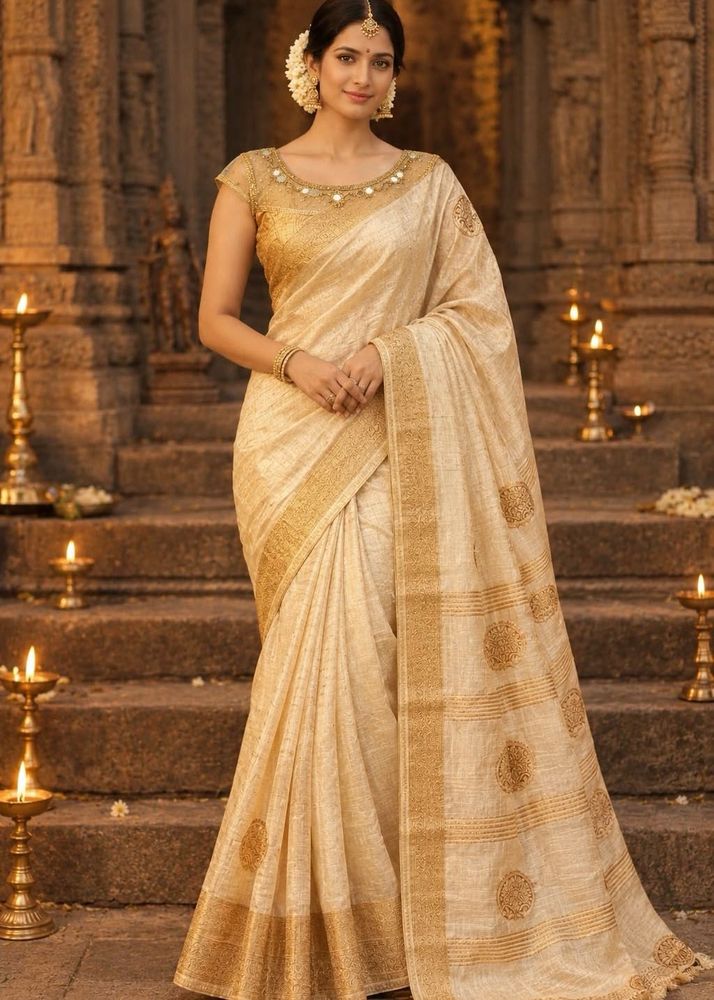 Designer Blouse &amp; Elegant Cream &amp; Gold Saree
