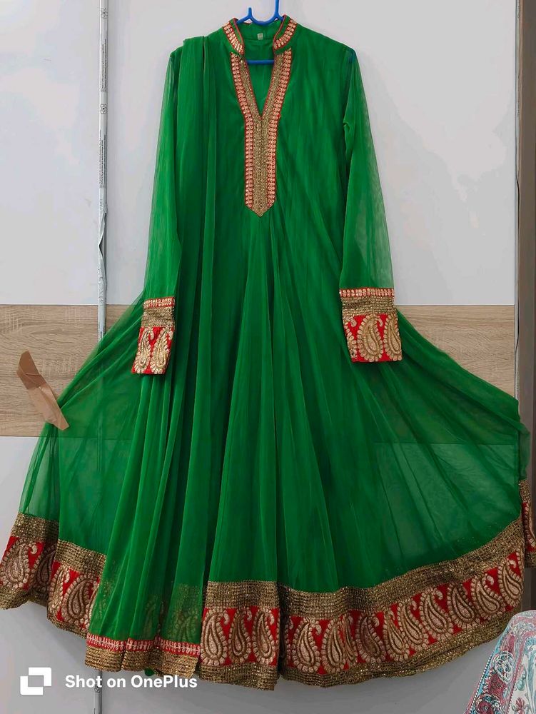 Green Ethnic Gown With Trouser And Dupatta