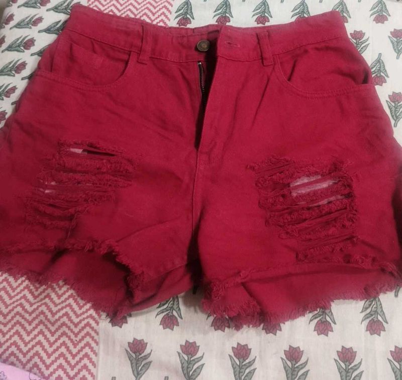 Red Distressed Denim Shorts