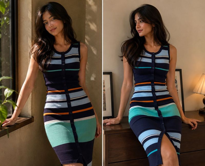 Striped Button-Up Knit Dress