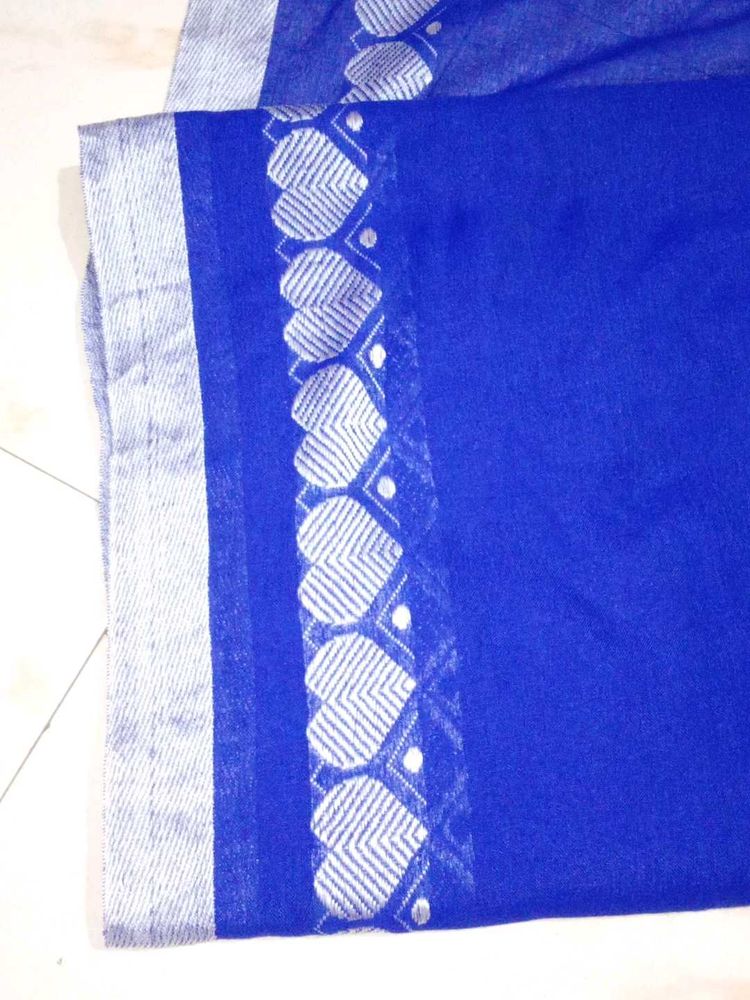 Royal Blue Cotton Saree with Silver Zari Border