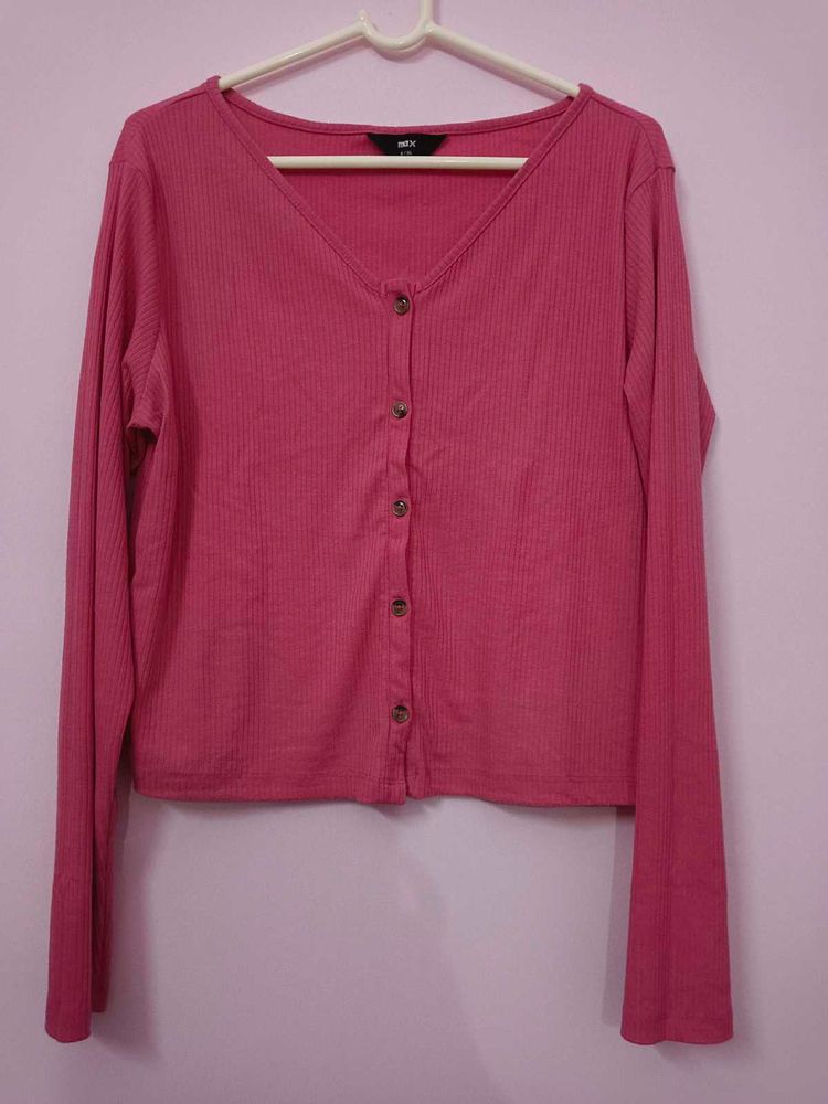 Ribbed Pink Button-Up Cardigan