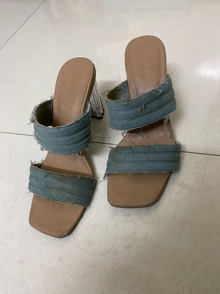 Blue Denim Block Heel Sandals